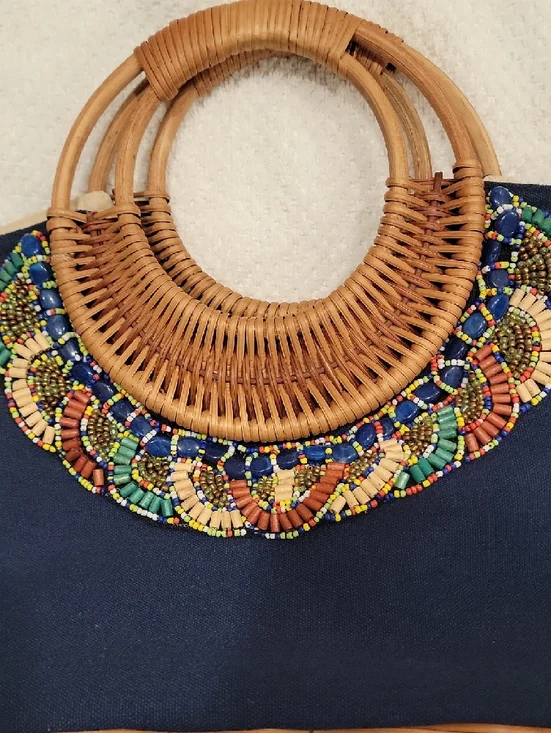 Straw Studios Navy Canvas Tote with Woven Handles and Multicolor Bead Trim - Picture 6 of 11